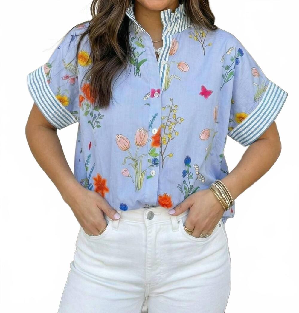 NEW LA SOCIETY floral striped printed button top in sky blue